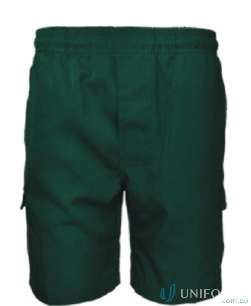 Kids School Cargo Shorts in dark green with elastic waistband for comfy school days