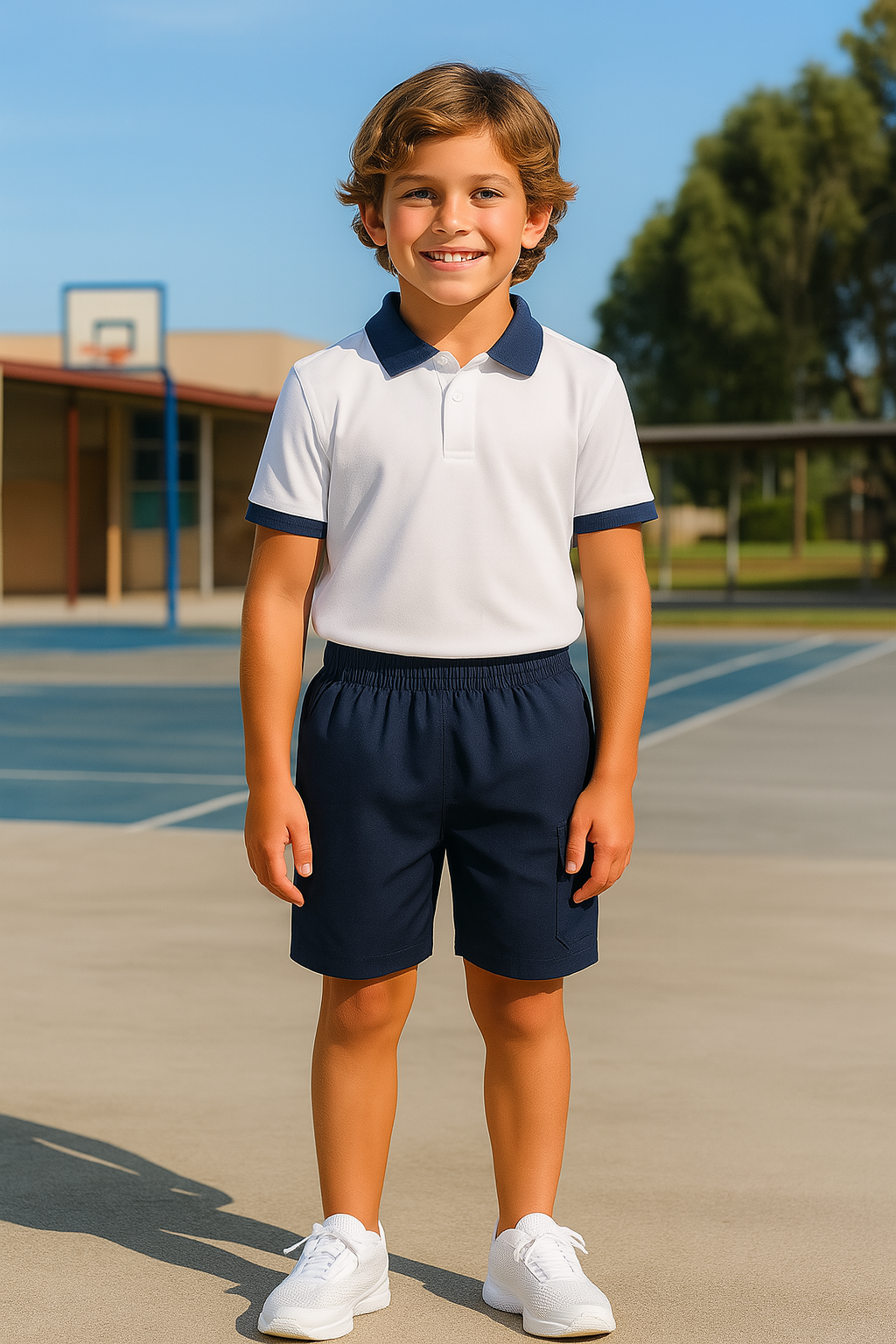 White polo shirt with navy trim for kids school uniforms