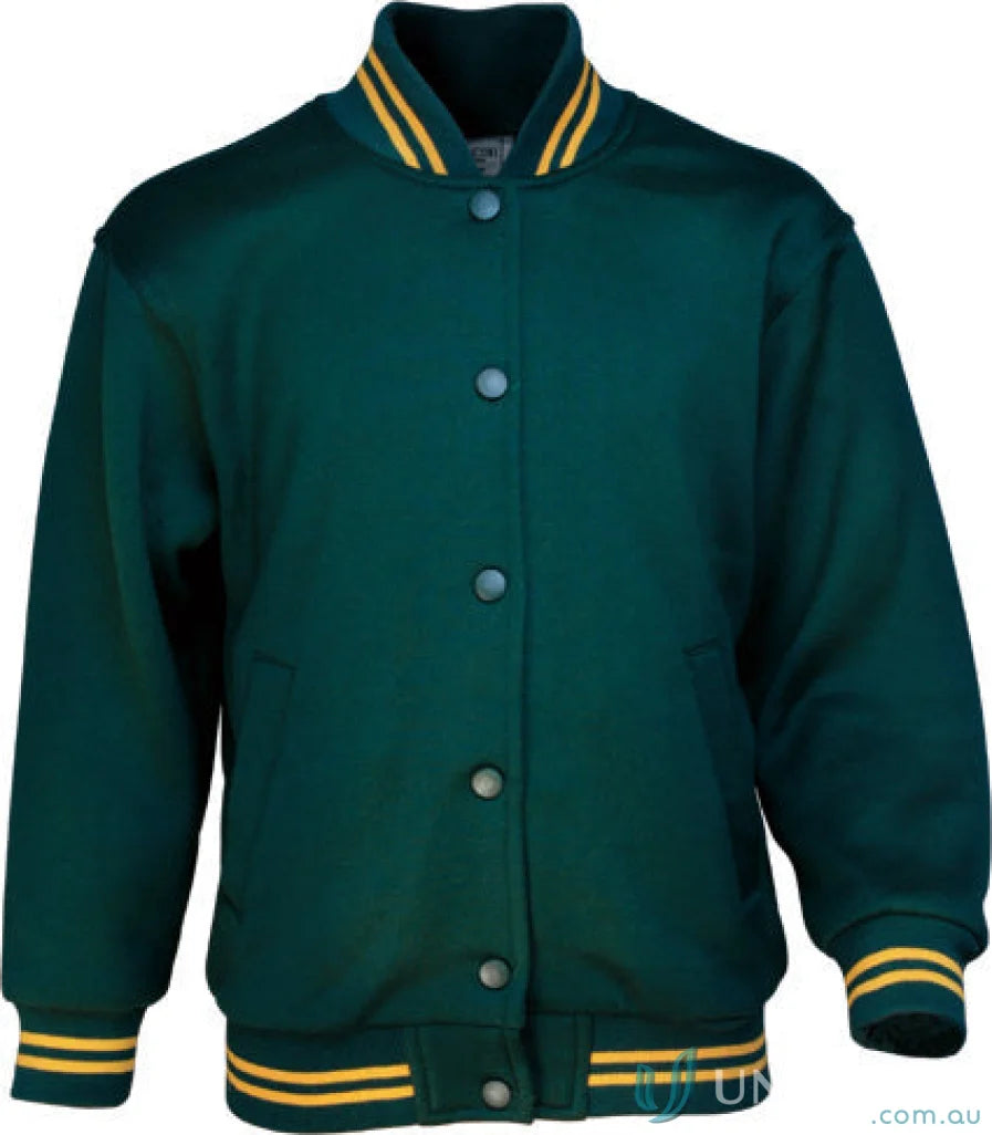 Dark green kids schoolwear bomber jacket with yellow and green striped cuffs and collar