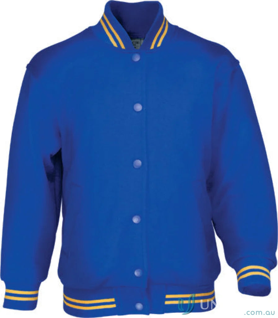 Kids schoolwear bomber jacket in royal blue with yellow and white stripes and snap buttons
