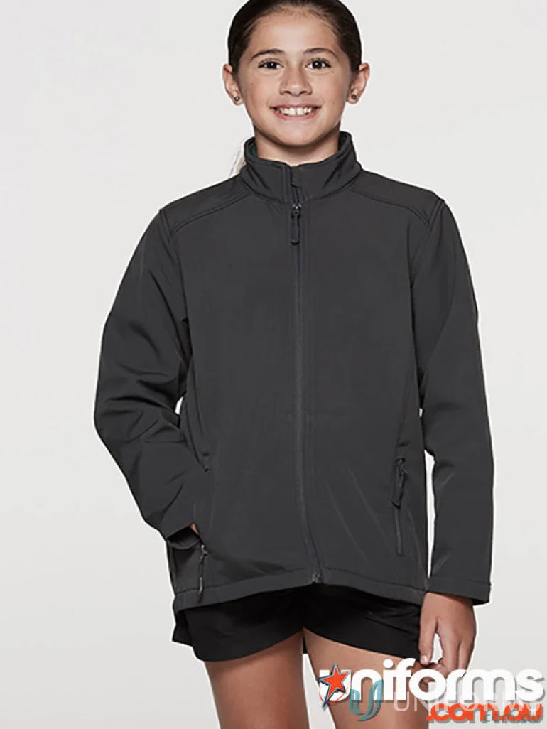 Girl’s gray soft-shell jacket from Kids Selwyn Jacket, perfect for uniforms or casual workwear