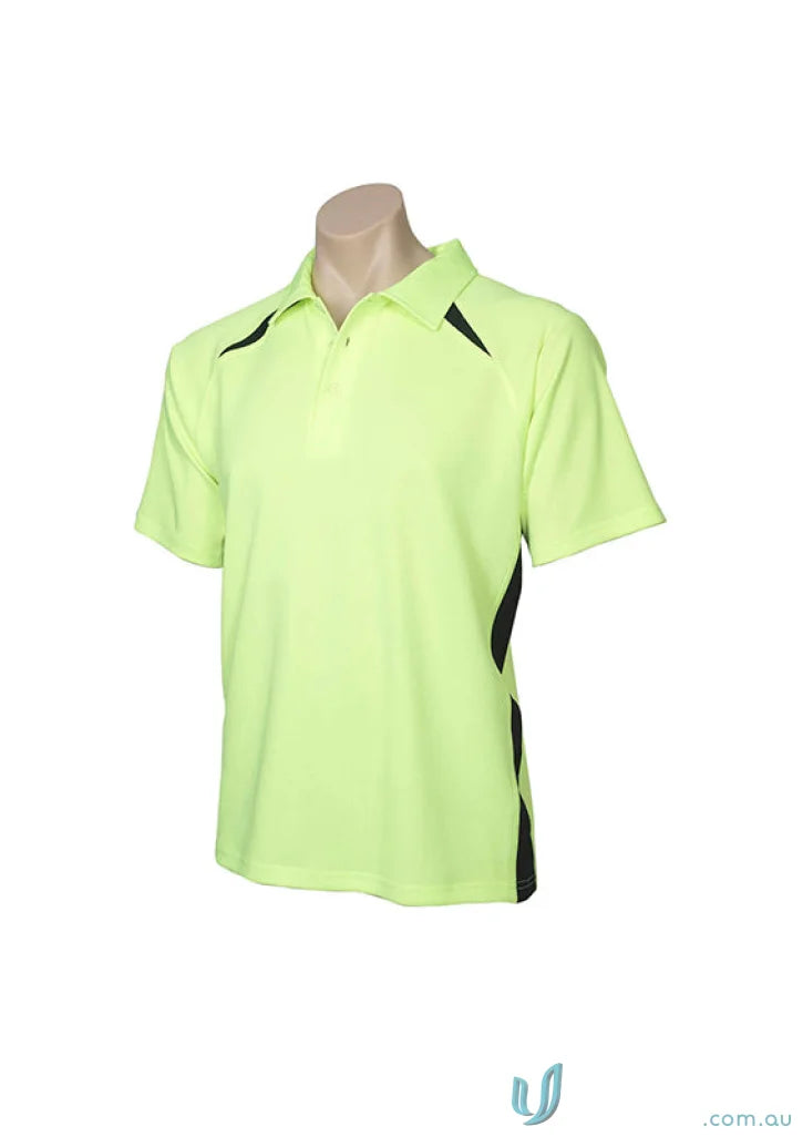 Kids Splice Polo with bright green color and contrast panels on mannequin