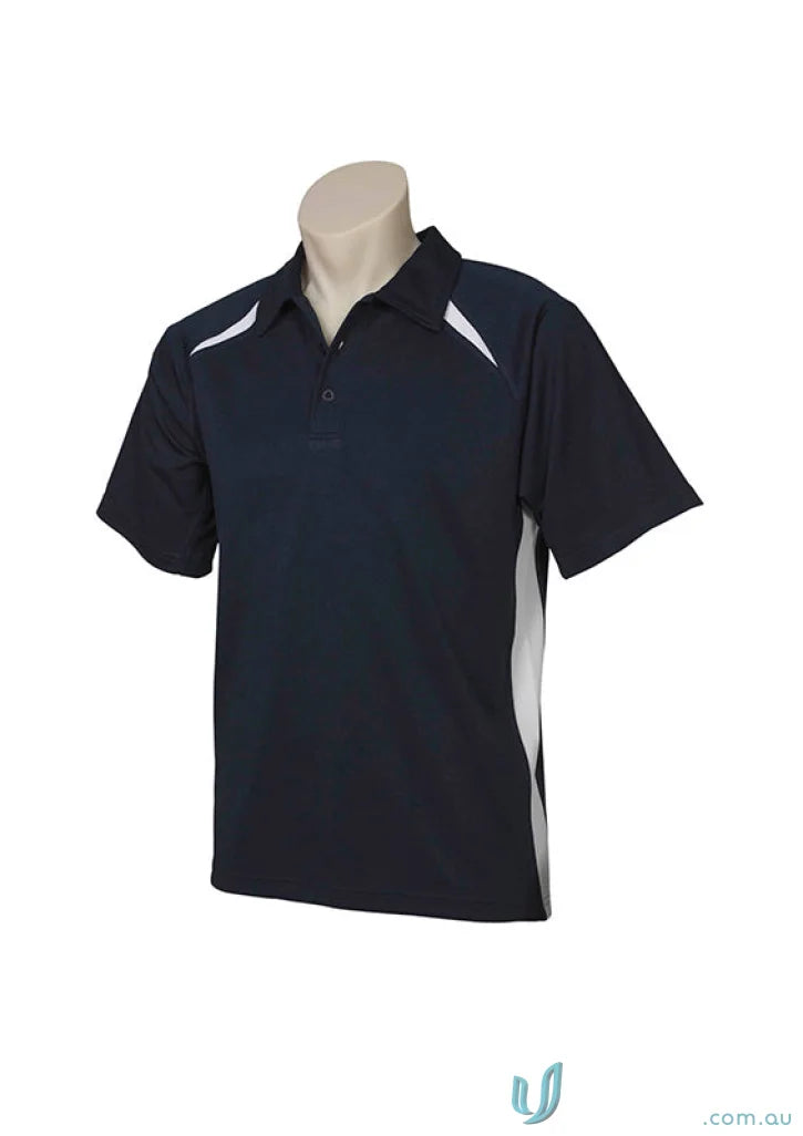 Kids Splice Polo with contrast panels on dark blue fabric displayed on mannequin