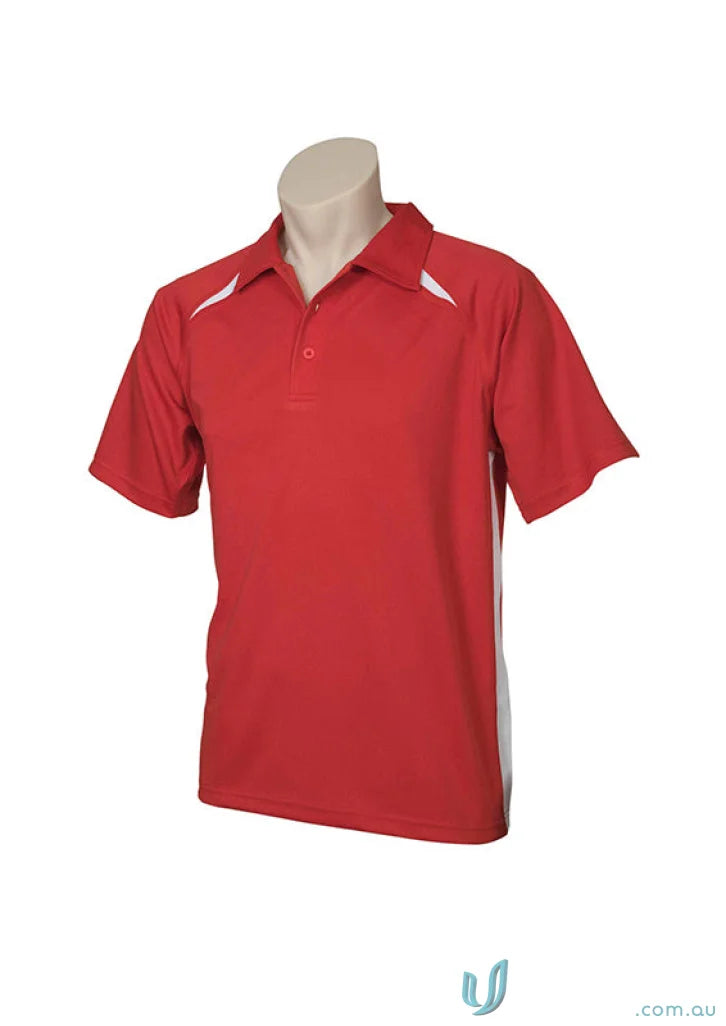 Kids Splice Polo with contrast panels, red athletic polo shirt with white accents