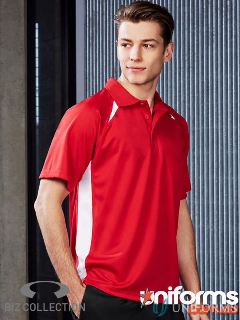 Young man wearing Kids Splice Polo with contrast panels and red color style