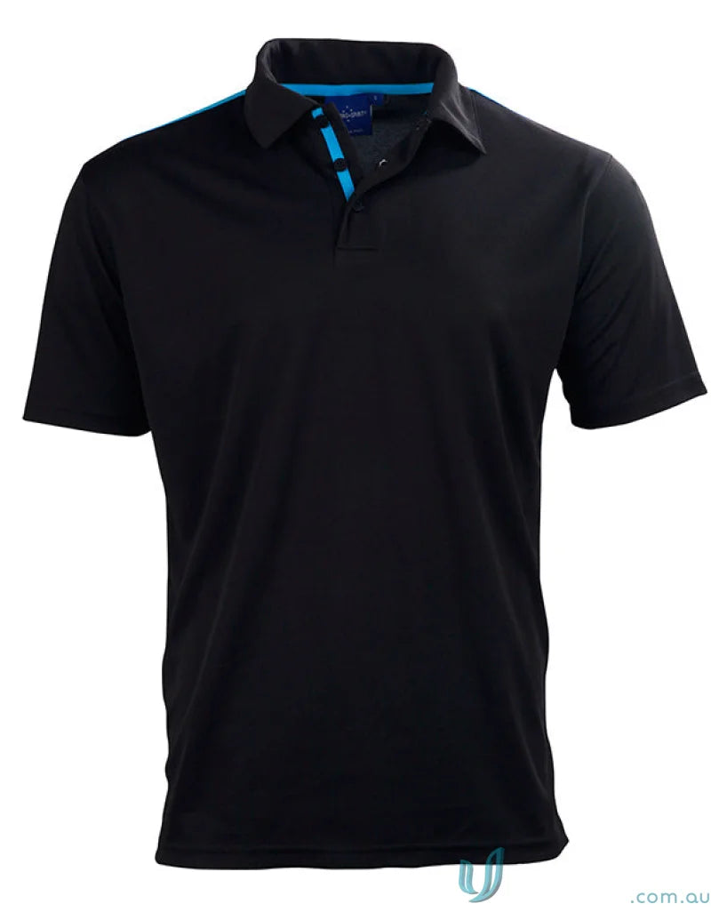 Kids Staten Rapid Cool Contrast Polo in black with blue collar and placket for kids
