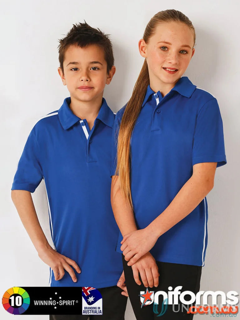Two kids in blue ps83k Staten polo shirts with white trim from Kids Staten Rapid collection