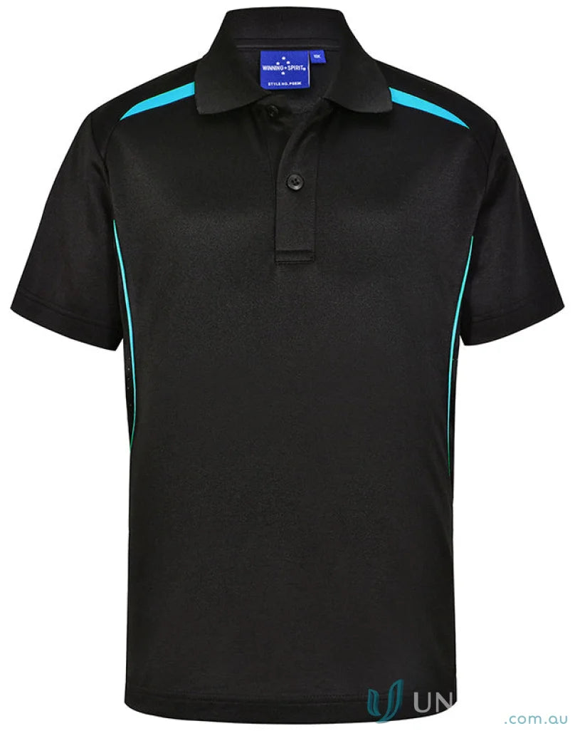 Kids contrast polo shirt with black and turquoise accents made from certified recycled materials