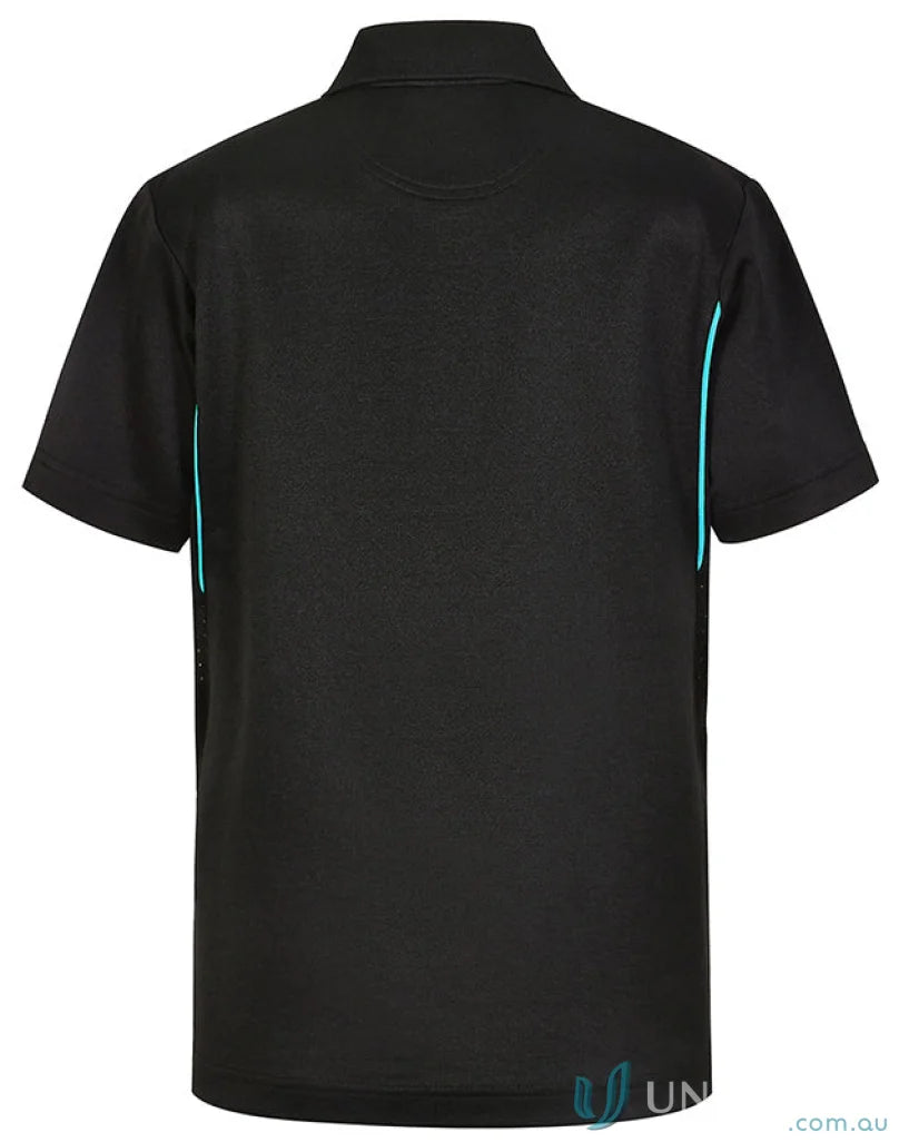 Kids contrast polo with black and teal, made from certified recycled sustainable materials