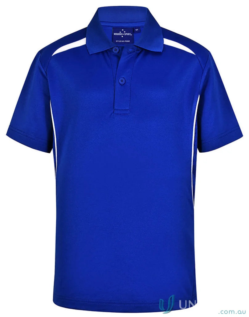 Kids sustainable contrast polo shirt in blue with white accents for a cool eco-friendly look