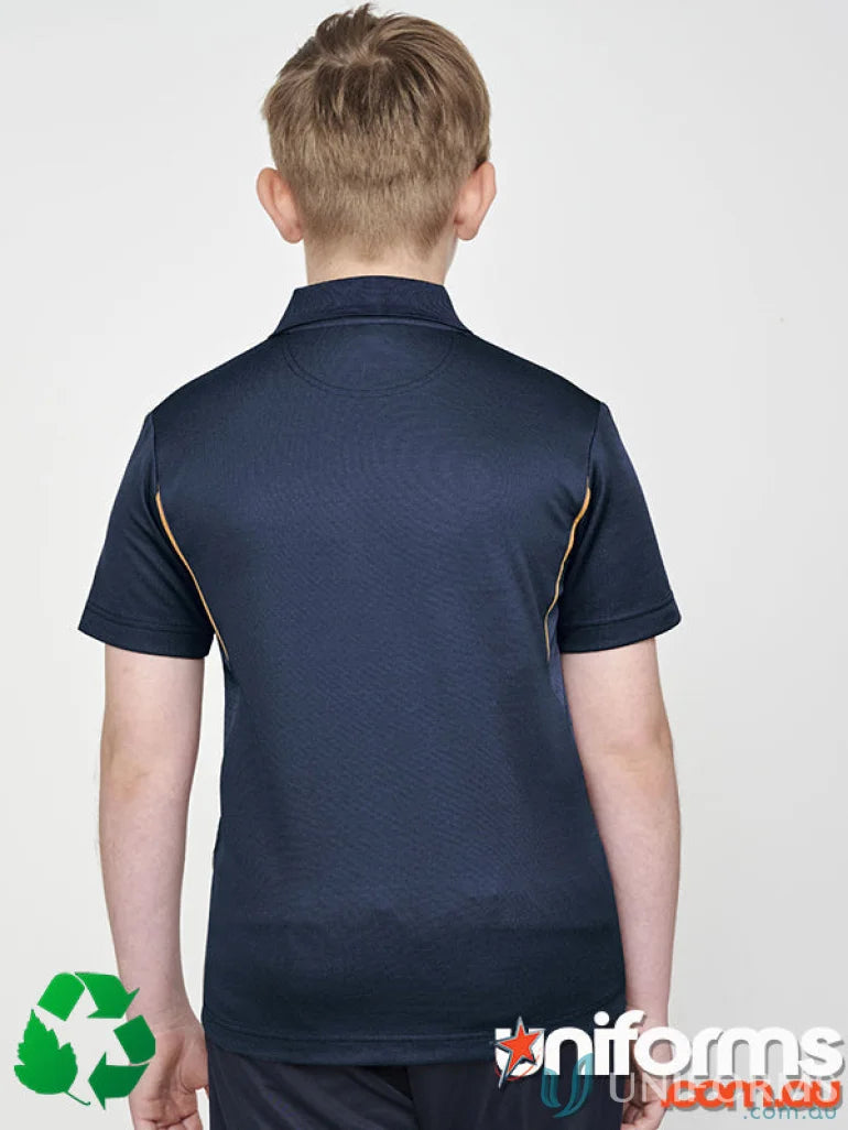 Kids contrast polo shirt in navy and gold made from certified recycled materials