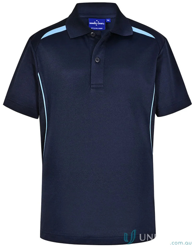 Kids contrast polo shirt navy blue with light blue accents sustainable kids contrast certified recycled fabric