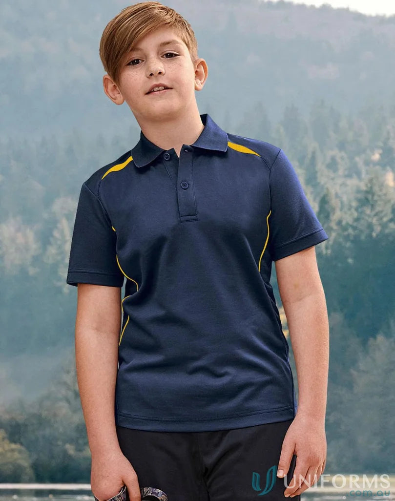 Kids contrast polo in navy and yellow, made from sustainable certified recycled materials