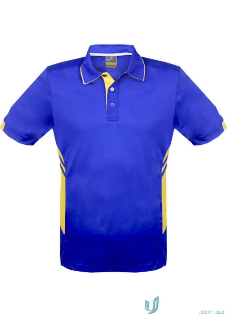 Kids Tasman Polo featuring a cool blue and yellow design for boys and girls
