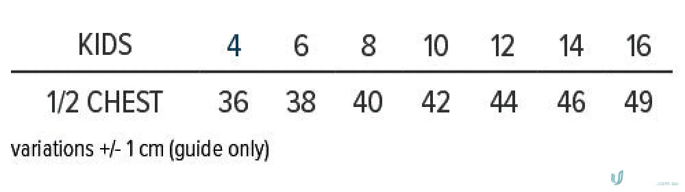 Kids Tasman Polo kids clothing size chart for the Tasman Polo tee