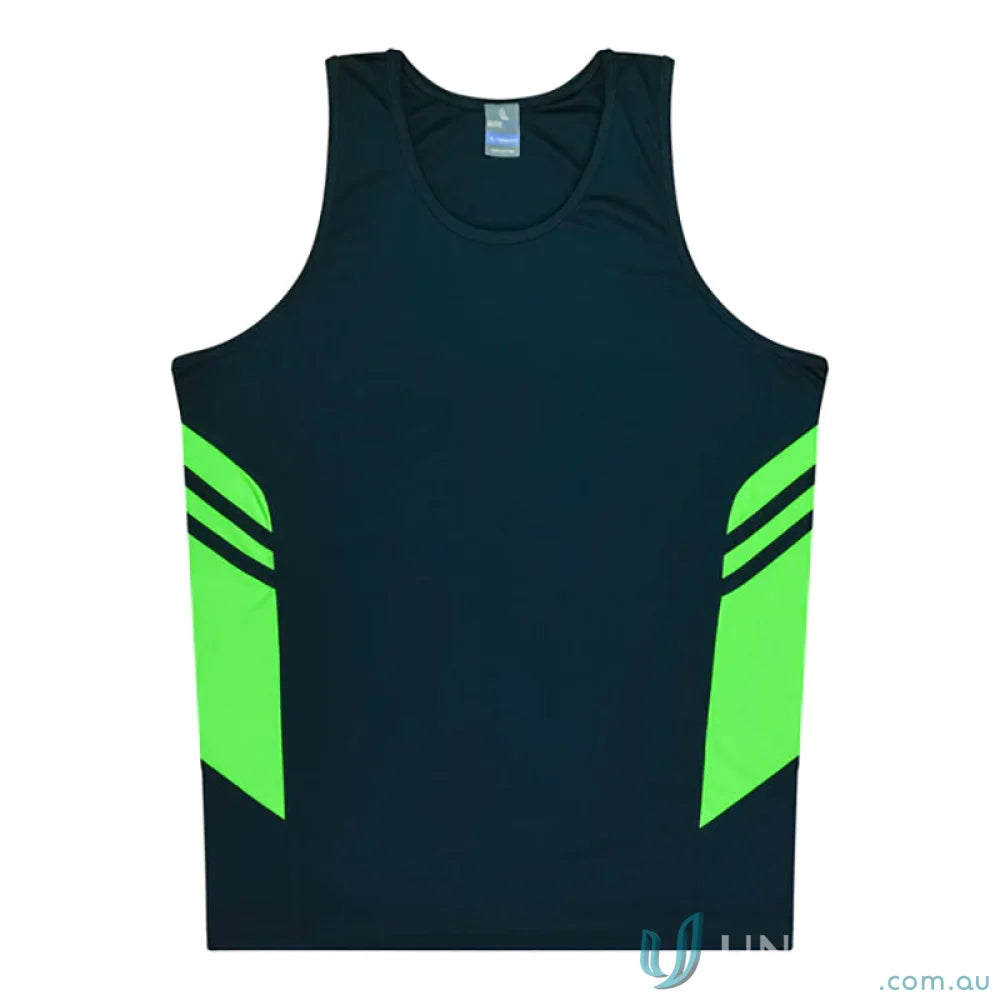 Kids Tasman Singlet black and green athletic tank top, comfy fabric perfect for uniforms or workwear
