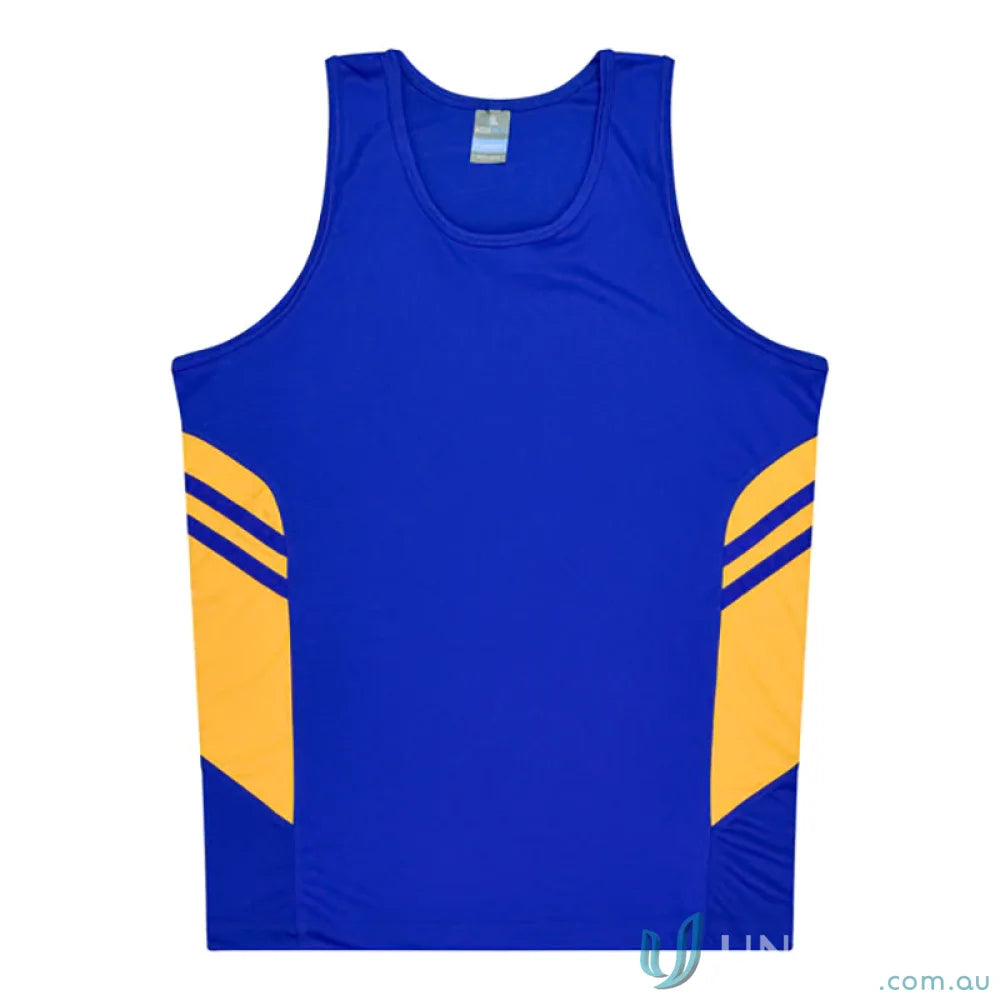 Kids Tasman Singlet in blue and gold athletic fabric perfect for uniforms or workwear