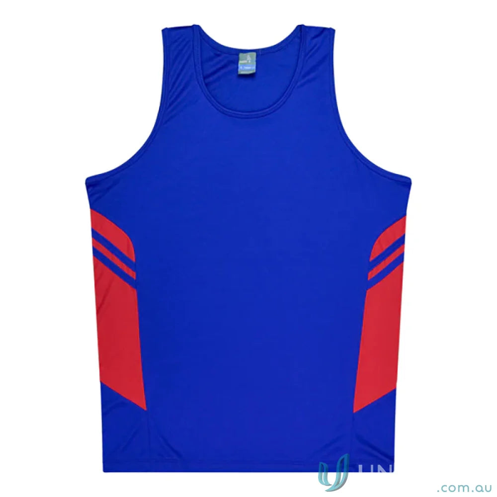 Kids Tasman Singlet athletic tank top in blue and red fabric perfect for uniforms or workwear