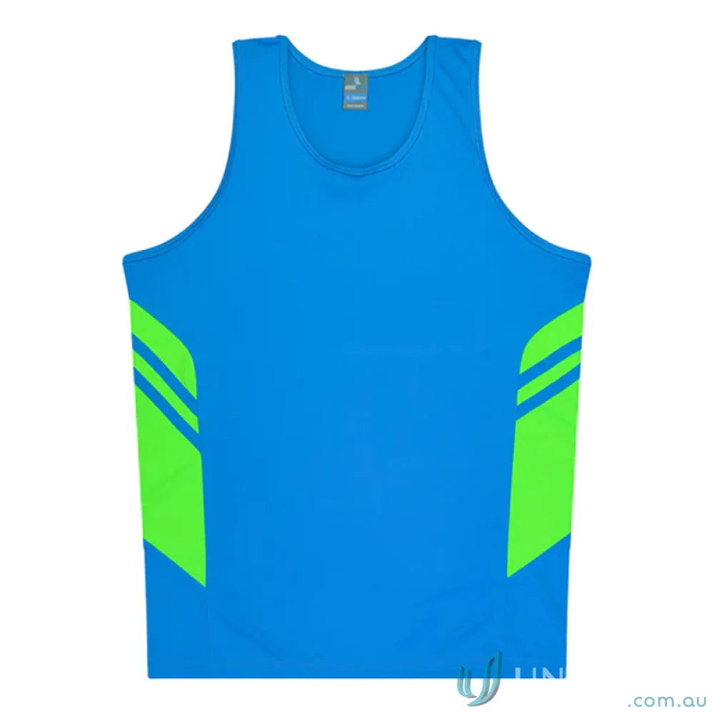 Kids Tasman Singlet in blue and green fabric, perfect for sporty workwear or uniforms