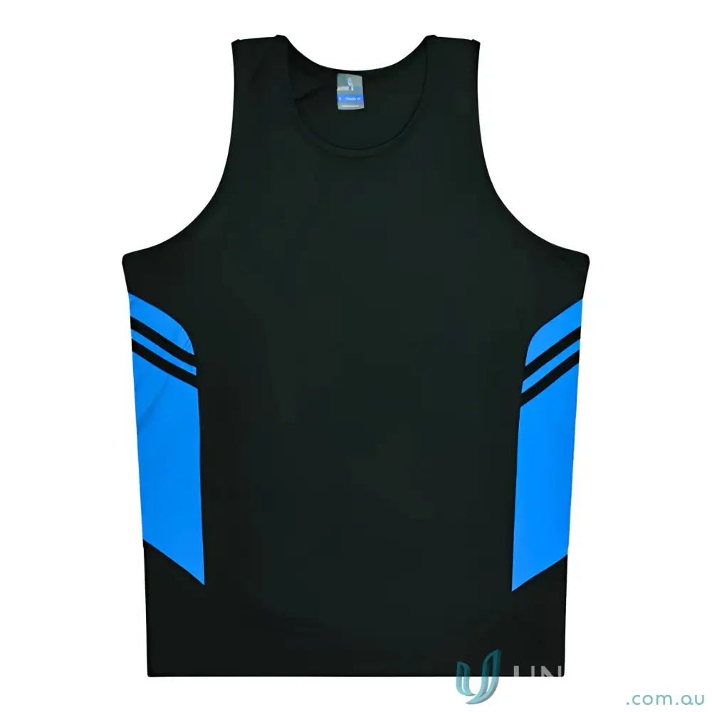 Kids Tasman Singlet athletic tank top in black and blue fabric perfect for uniforms