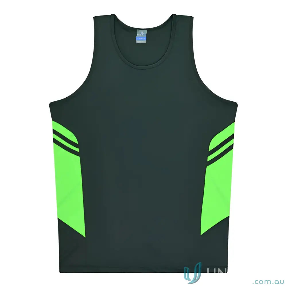 Kids Tasman Singlet sleeveless athletic shirt with green fabric side panels perfect for uniforms or workwear