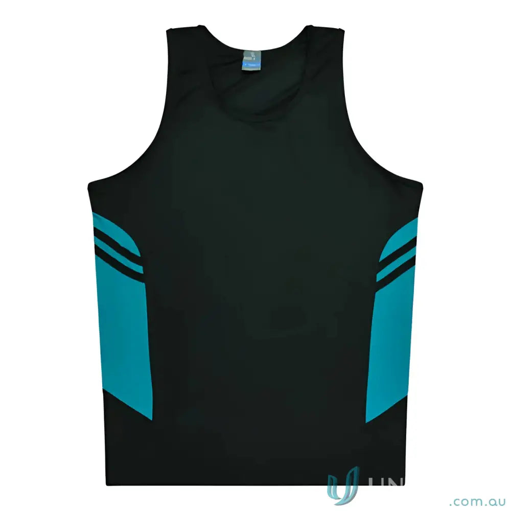 Kids Tasman Singlet black and teal athletic tank top made with comfy fabric for uniforms or workwear