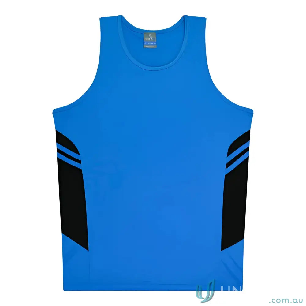 Kids Tasman Singlet athletic tank top in blue and black breathable fabric for uniforms or workwear