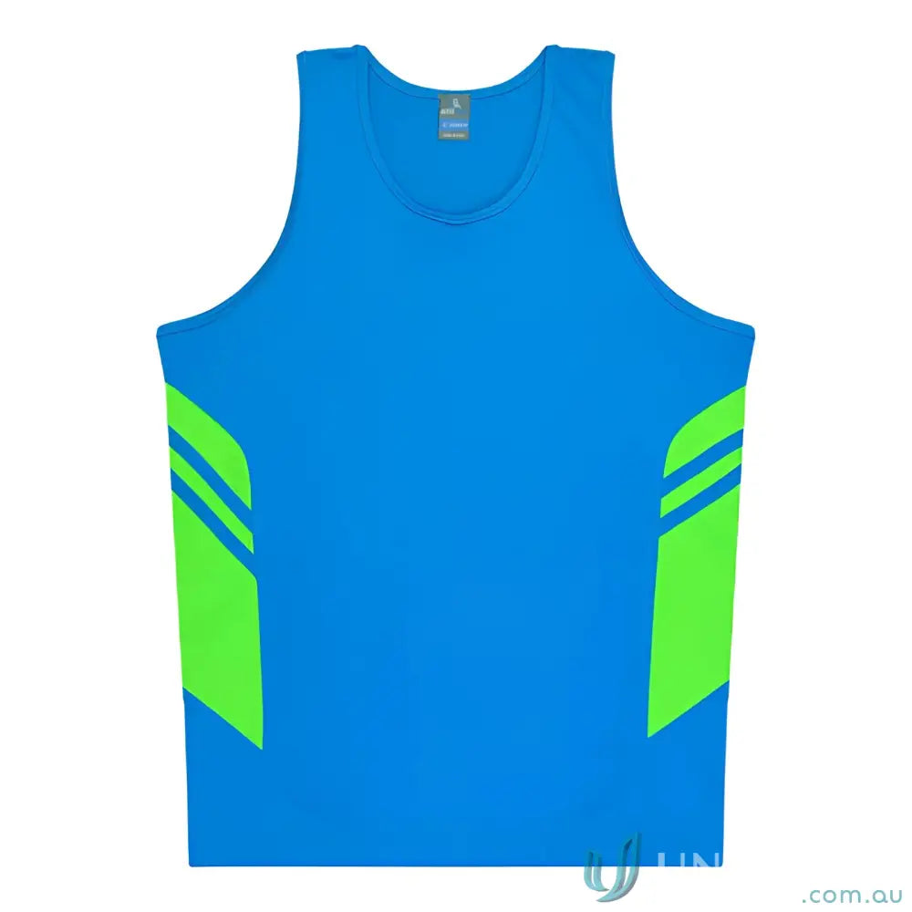 Kids Tasman Singlet in blue and green fabric, perfect for sporty workwear or uniforms