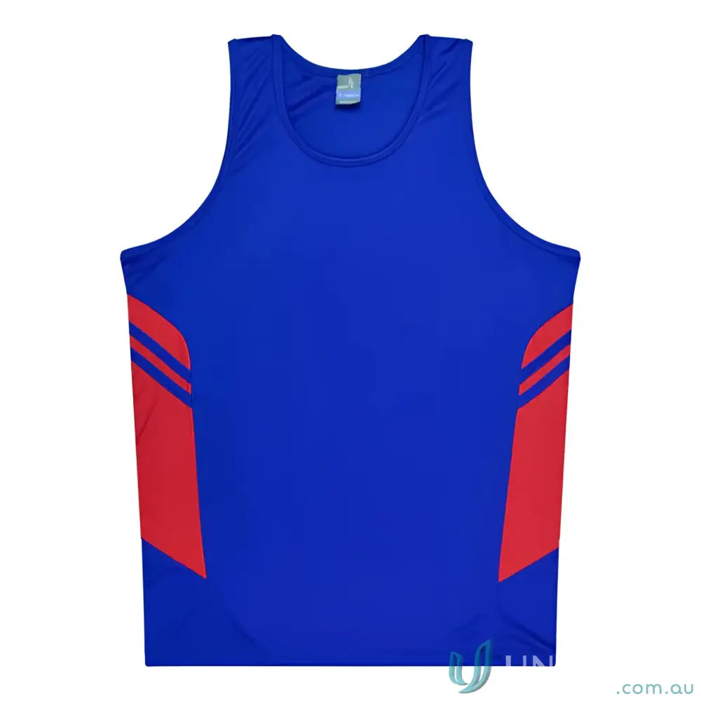 Kids Tasman Singlet athletic tank top in blue and red fabric perfect for uniforms or workwear