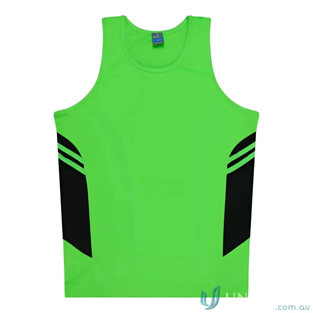 Kids Tasman Singlet showing green and black athletic tank top made with comfy fabric for uniforms or workwear