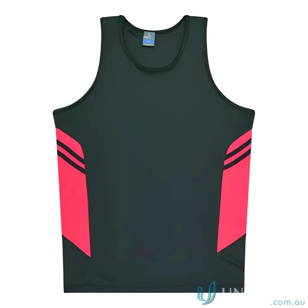 Kids Tasman Singlet athletic tank top in pink and black fabric, great for uniforms or workwear