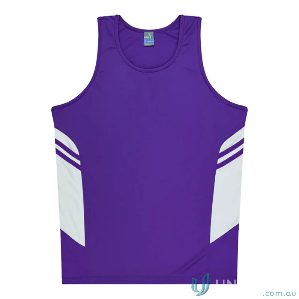 Kids Tasman Singlet featuring purple and white athletic tank top made with comfy fabric