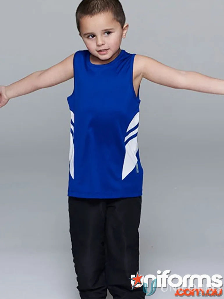 Kids Tasman Singlet with breathable fabric, perfect for sporty uniforms or workwear