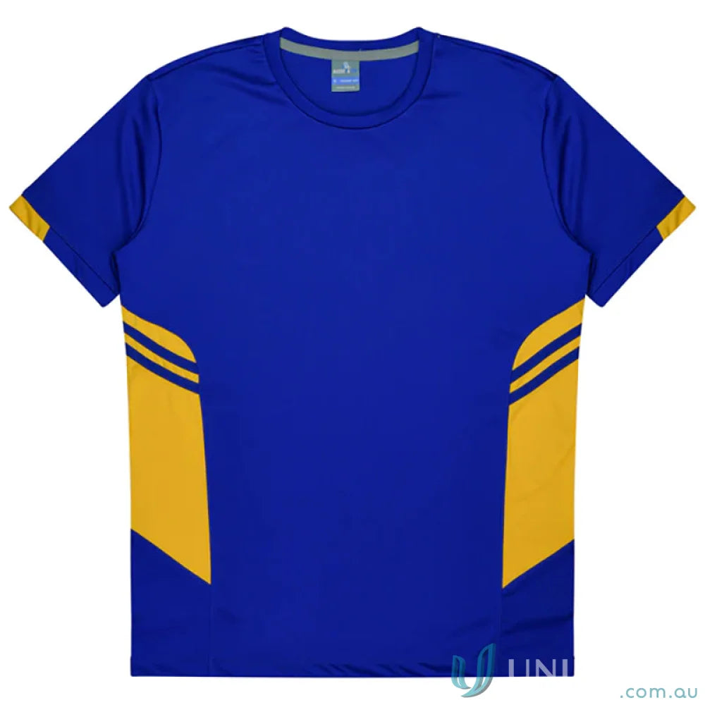 Kids Tasman Tee in blue and yellow athletic fabric ideal for uniforms or workwear