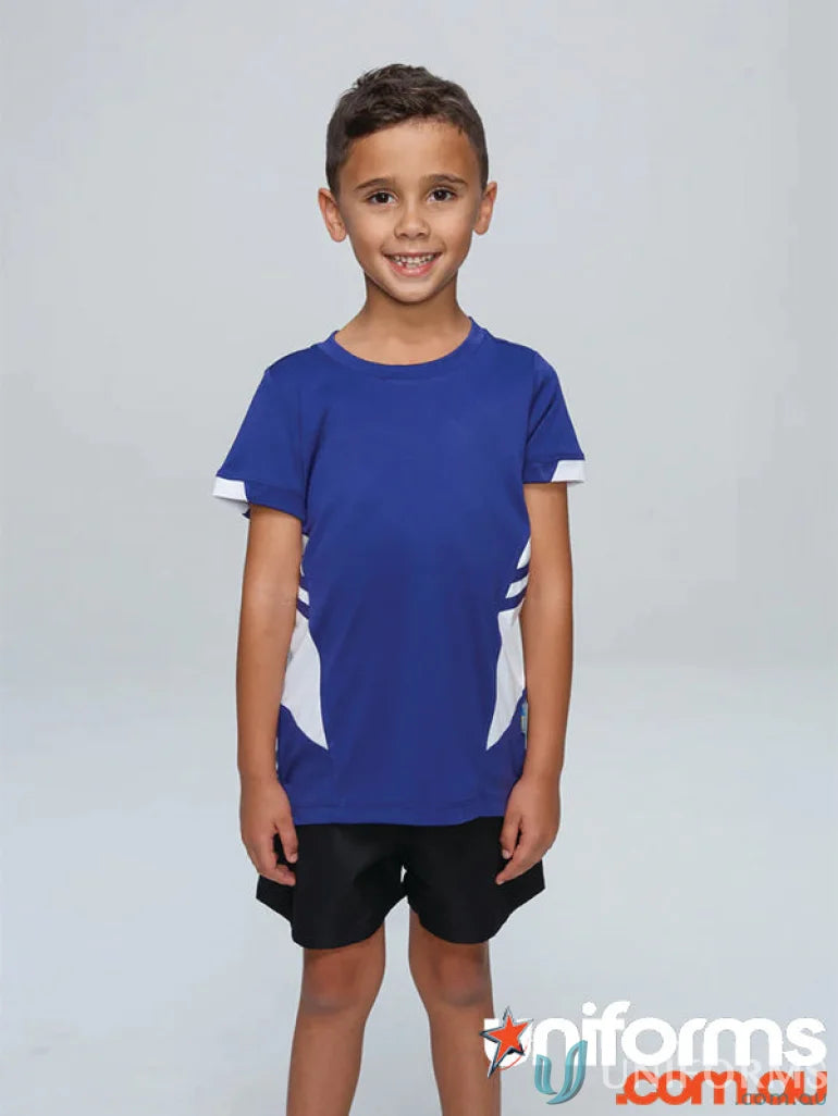 Kids Tasman Tee boy’s blue and white athletic shirt made of comfy fabric for active wear