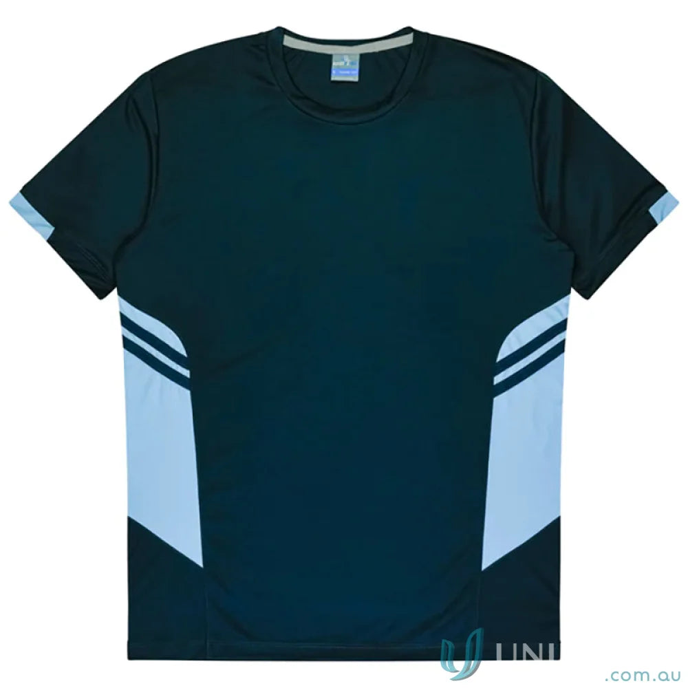 Kids Tasman Tee in dark and light blue athletic fabric, perfect for uniforms or workwear