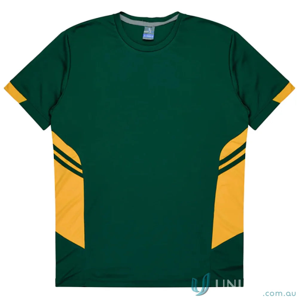 Kids Tasman Tee with green and gold fabric, perfect for uniforms or active workwear