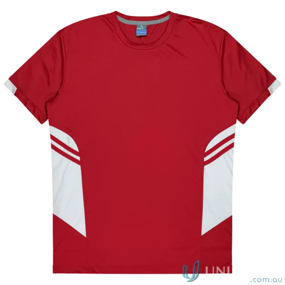 Kids Tasman Tee in red and white athletic fabric, perfect for uniforms or workwear