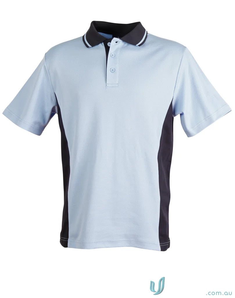 Kids Team Mate polo in light blue and dark grey with black collar and white stripes, ps73k
