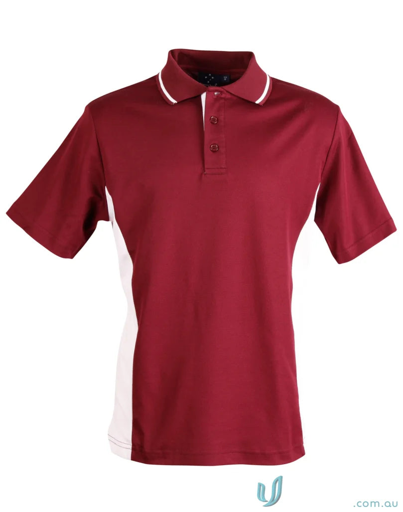 Kids Team Mate PS73K Teammate Polo in maroon with white side panels and collar trim