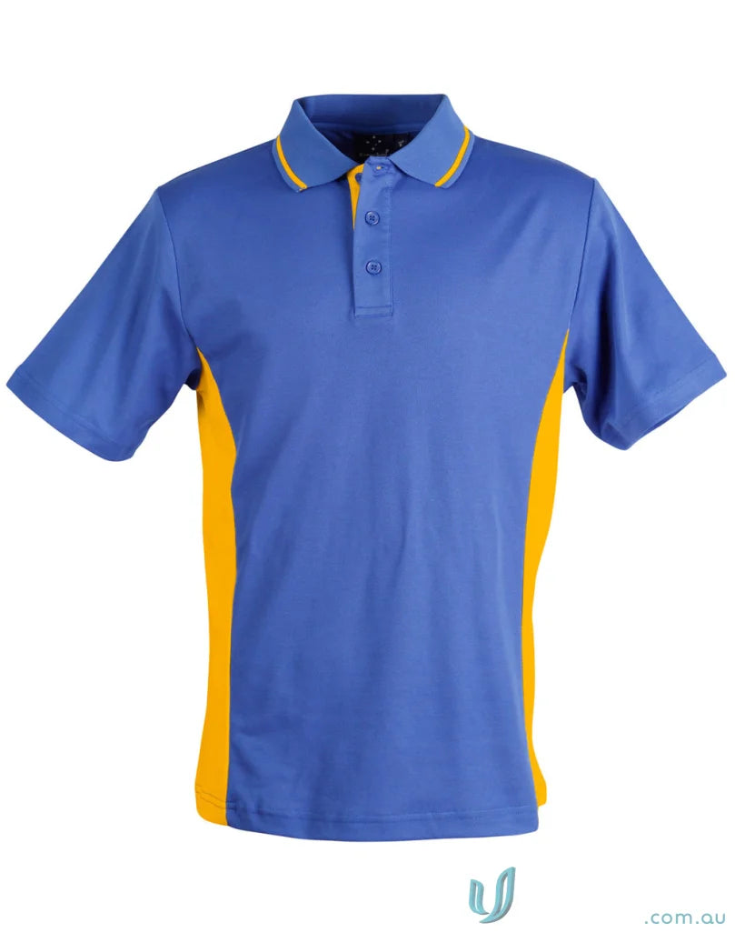 Kids Team Mate Polo in blue with yellow side panels and striped collar ps73k ps73k teammate polo