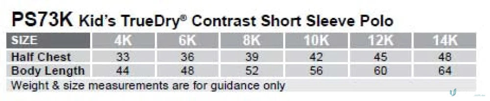 Size chart for Kids Team Mate Polo ps73k Teammate Polo TrueDry Contrast Short Sleeve