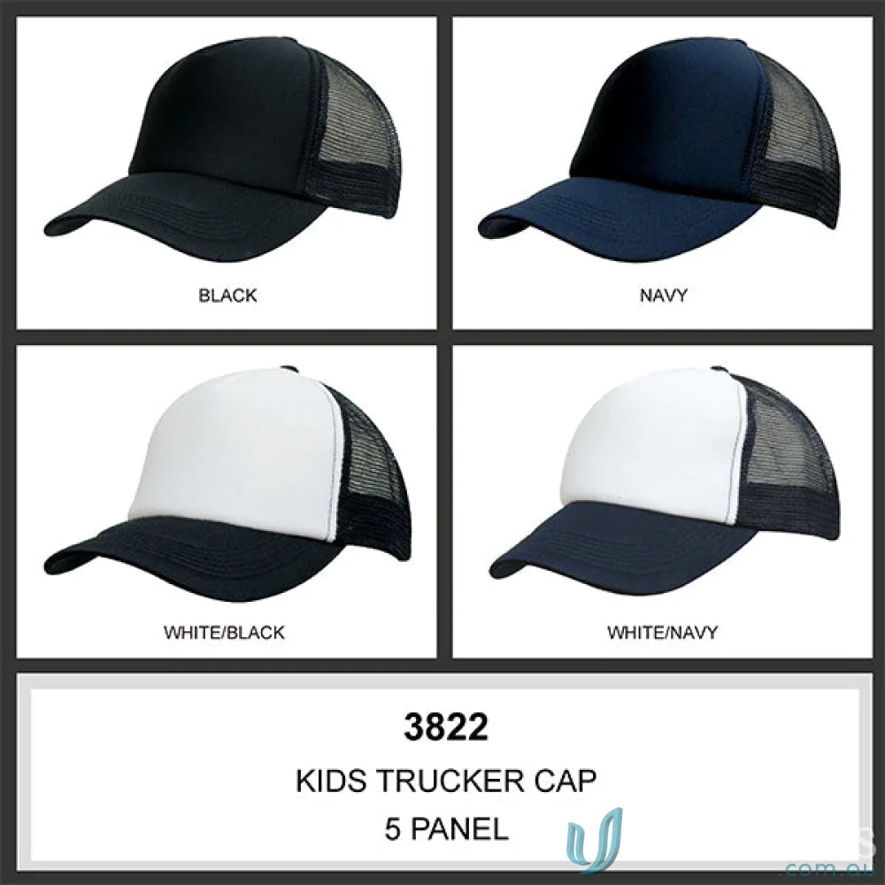 Kids Trucker Cap styles in black, navy, and white, perfect for uniforms or workwear FAQ link