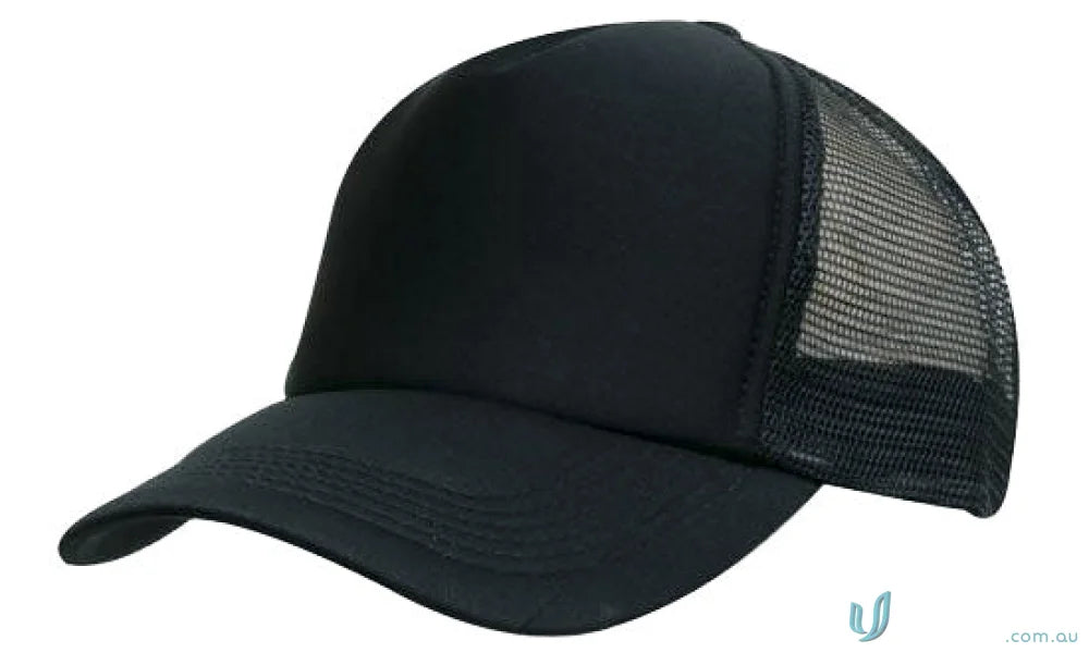 Kids Trucker Cap with plain black mesh-back, perfect for uniforms or workwear FAQs link
