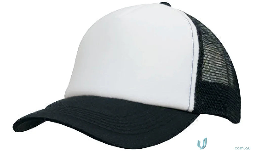 Kids Trucker Cap with two-tone white foam front and black mesh back, perfect for uniforms or casual workwear