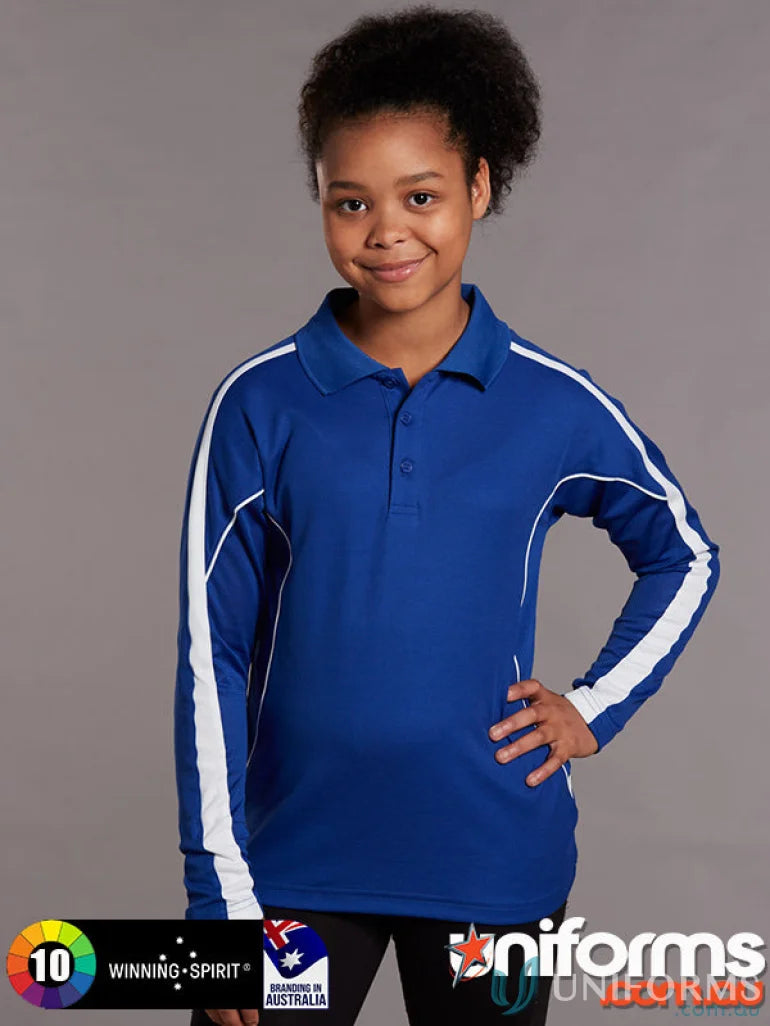 Kids TrueDry Legend LS Polo in blue, stylish long sleeve polo shirt for kids