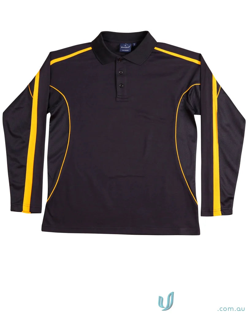 Black long sleeve polo shirt with gold accents Kids TrueDry Legend LS Polo sleeve polo PS69K fashion long sleeve