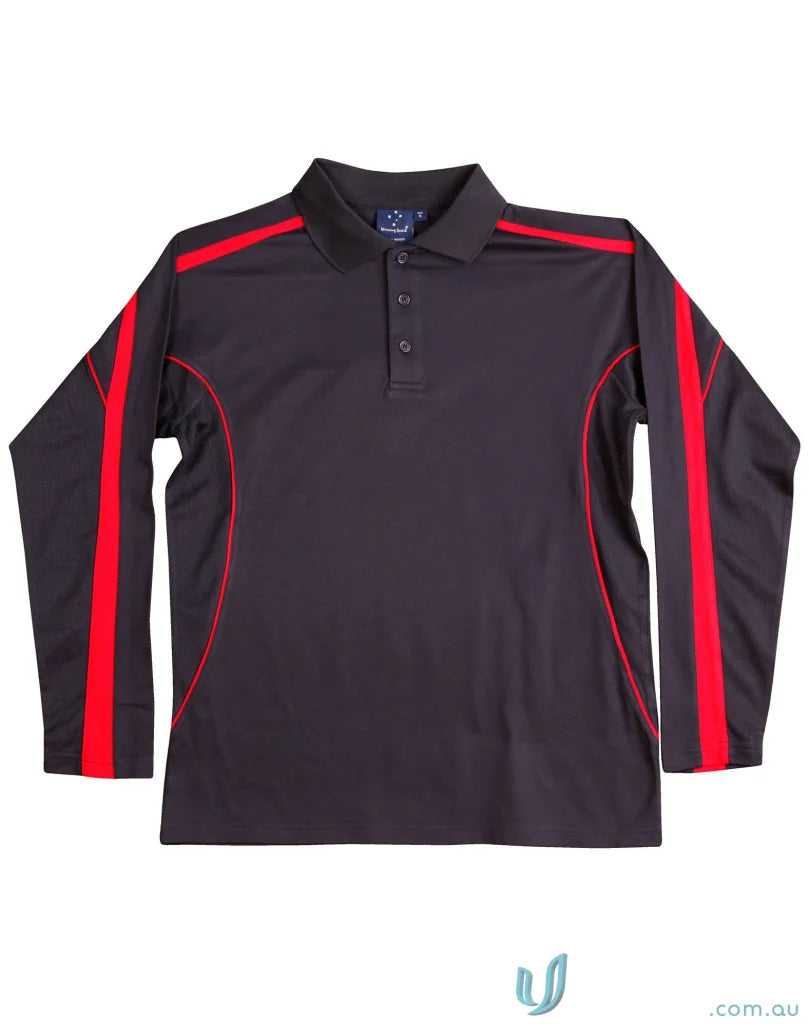 Kids TrueDry Legend LS Polo black long sleeve shirt with red accents for fashion long sleeve look
