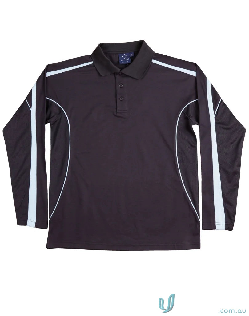 Kids TrueDry Legend LS Polo black long sleeve polo with white accents, perfect for fashion long sleeve shows