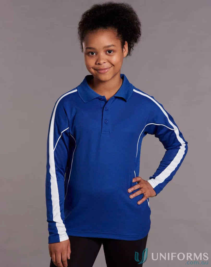 Kids TrueDry Legend LS Polo featuring a blue long sleeve polo with white trim